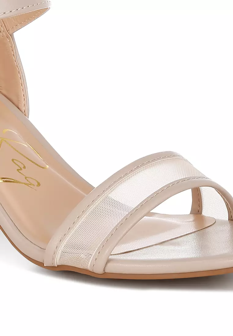 Mesh Pin Buckle Block Heels In Beige