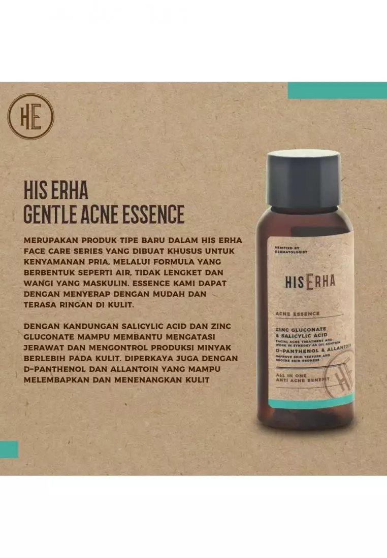 His Erha Gentle Acne Essence All In One With Zinc Gluconate, Salicylic Acid, D-Panthenol, & Allantoin - Serum Wajah Pria Berjerawat