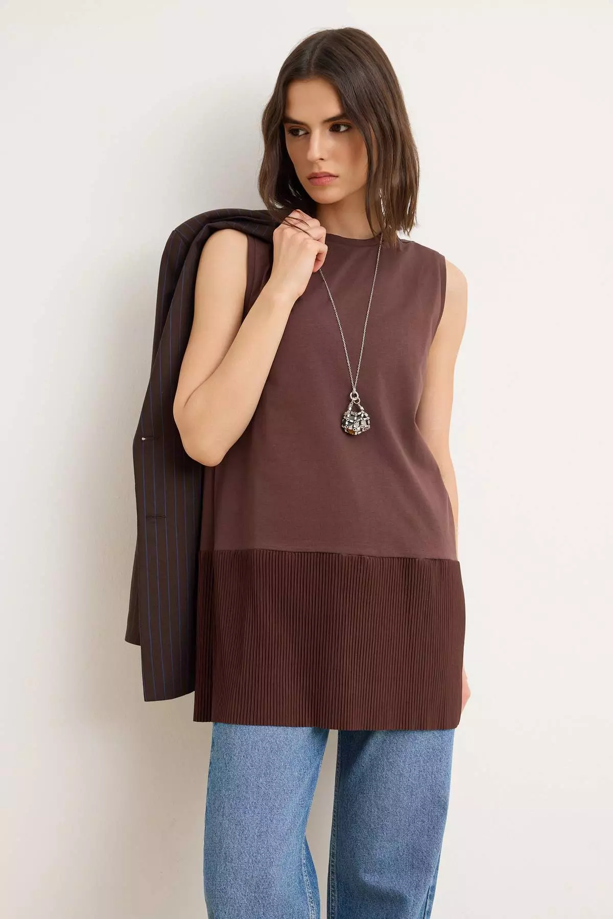 Brown Skirt Pleated Detailed Sleeveless Knitted Undershirt Blouse Tctss25Uk00005