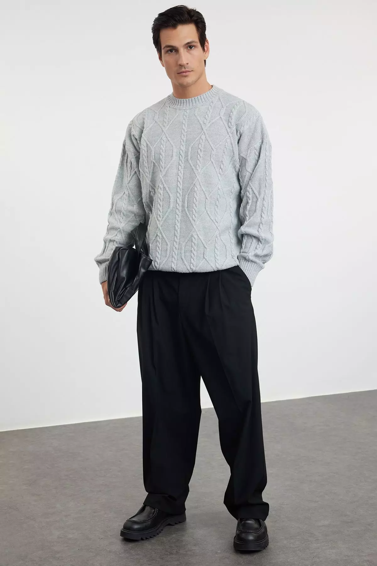 Gray Oversize Crew Neck Hair Knitted Knitwear Sweater TMNAW24KZ00003