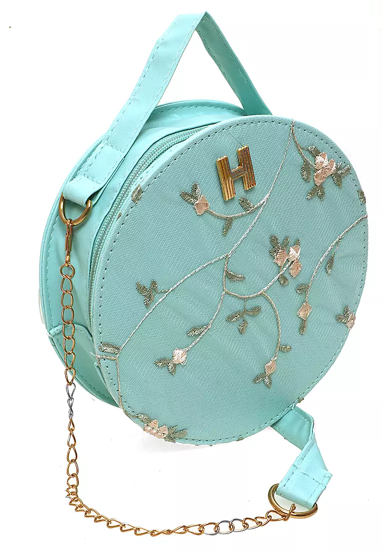 Werlyn Tas Selempang Wanita Floral Round Slingbag Casual Large Storage Material Leather Kulit ORIGINAL - Green