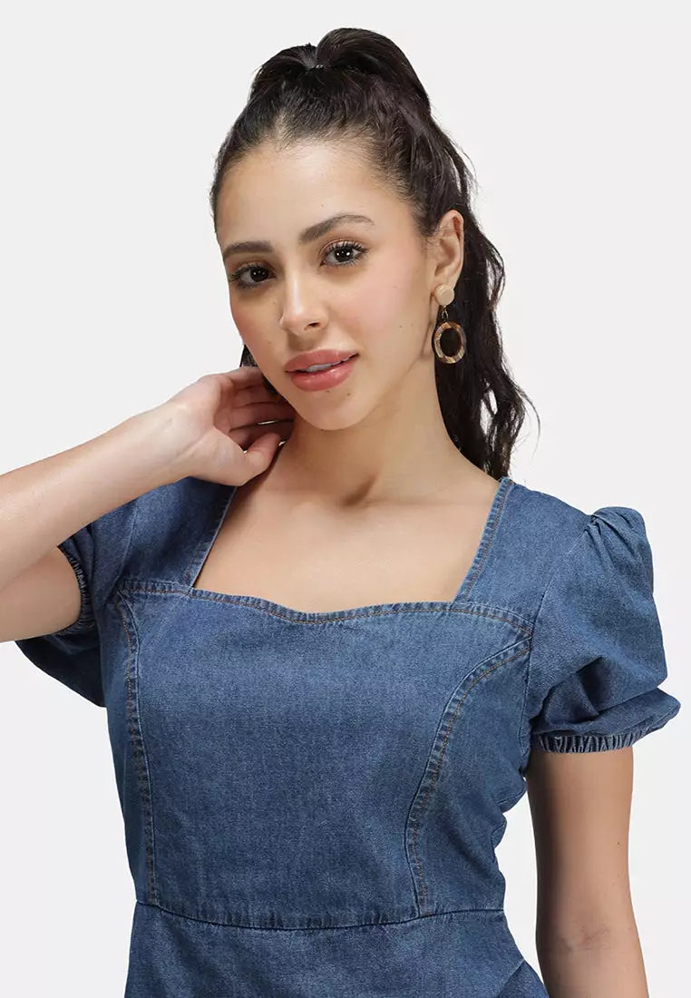 VIRGIO 100% Cotton Denim Pleated Mini Dress