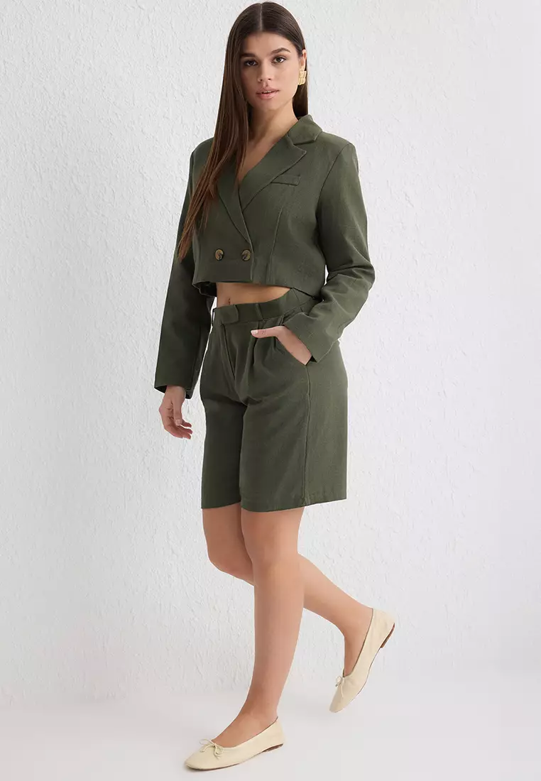 Khaki Linen Look Regular Length Woven Shorts