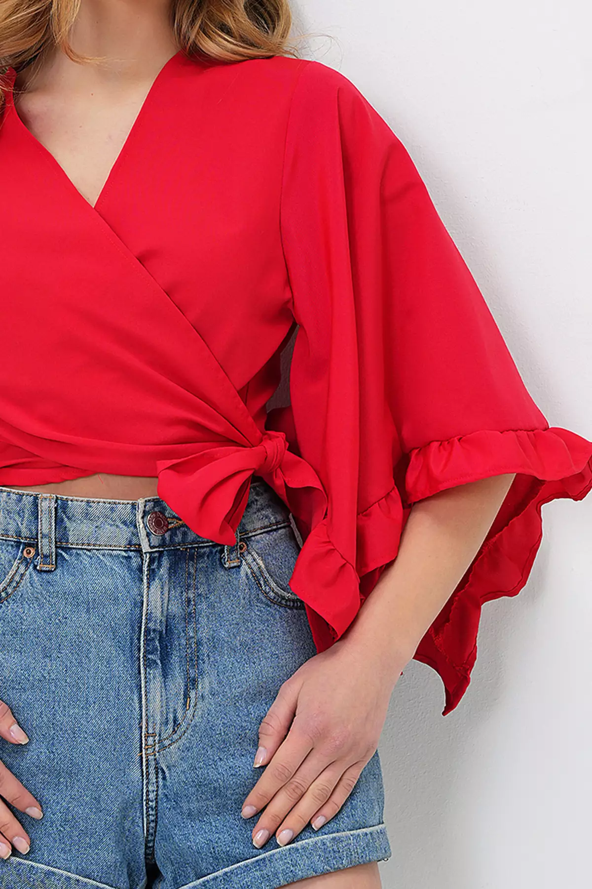 Flared Sleeves Linen Crop Woven Blouse