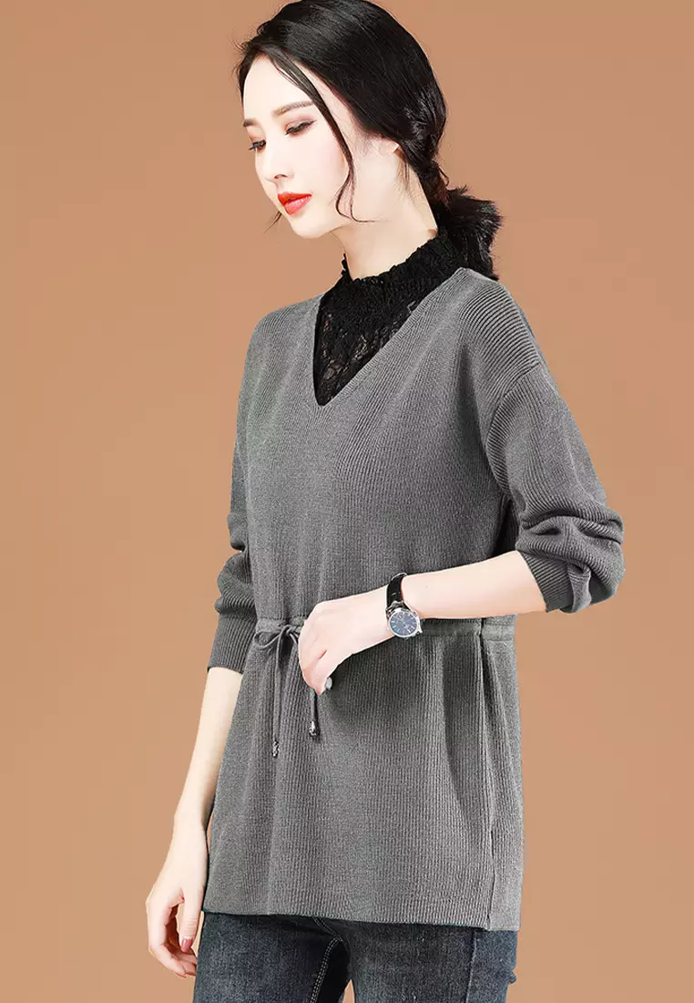 Buy A IN GIRLS Half High Lace Neck Patchwork Sweater 2024 Online