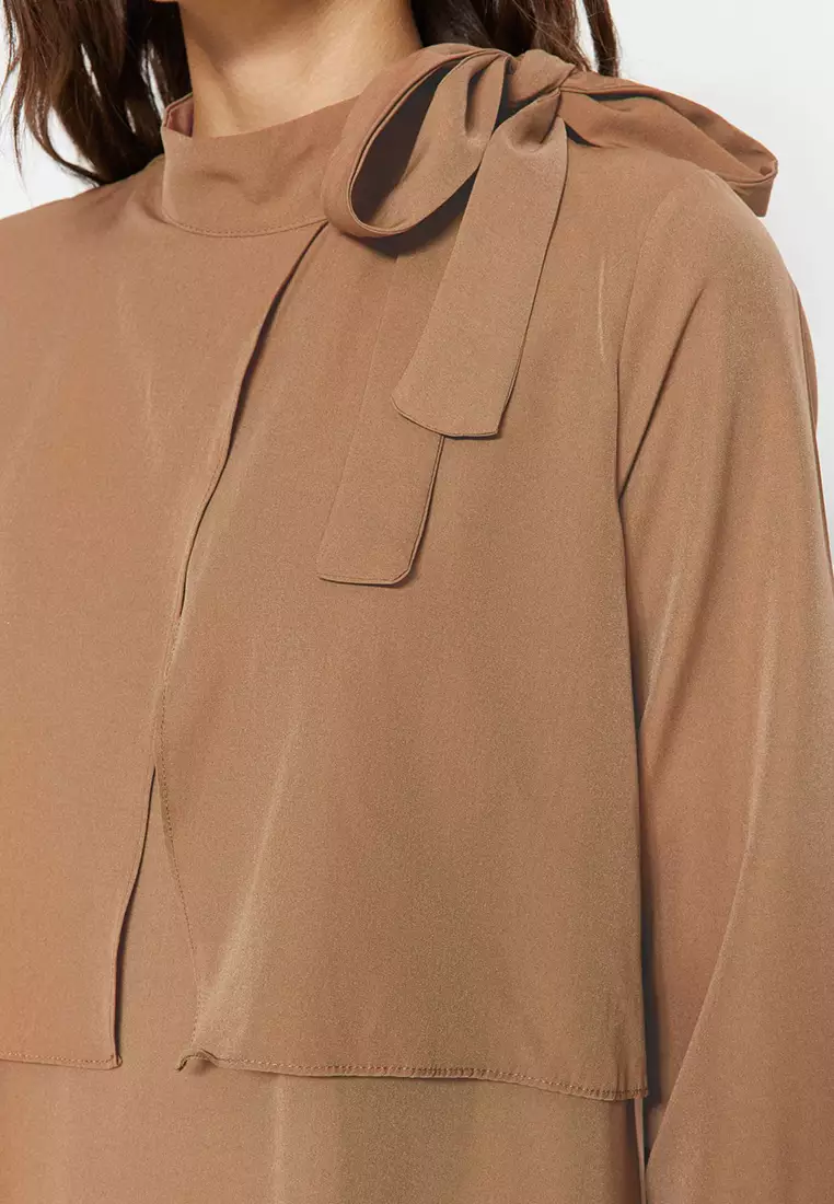 Beige Collar With Tie Detail Woven Dress Tctss23Eb00283