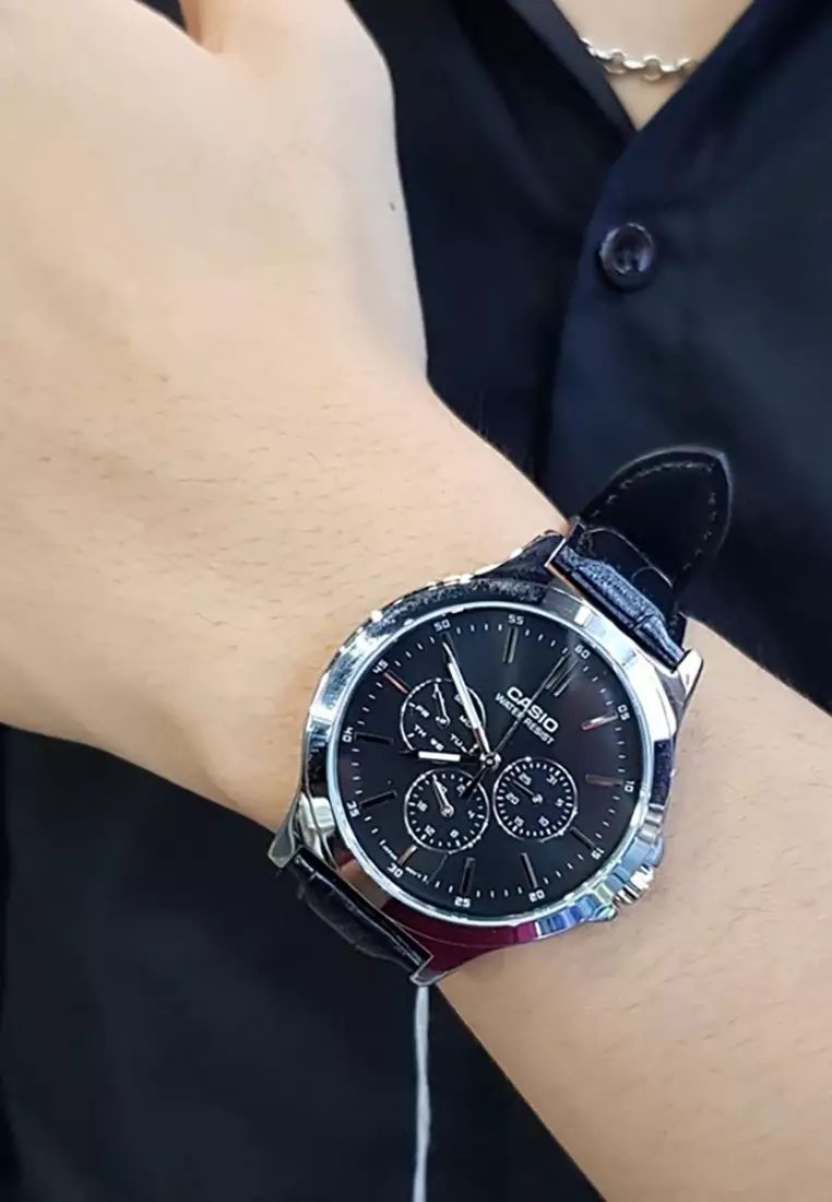 Men Analog Watch MTP-V300L-1A Black Leather Strap