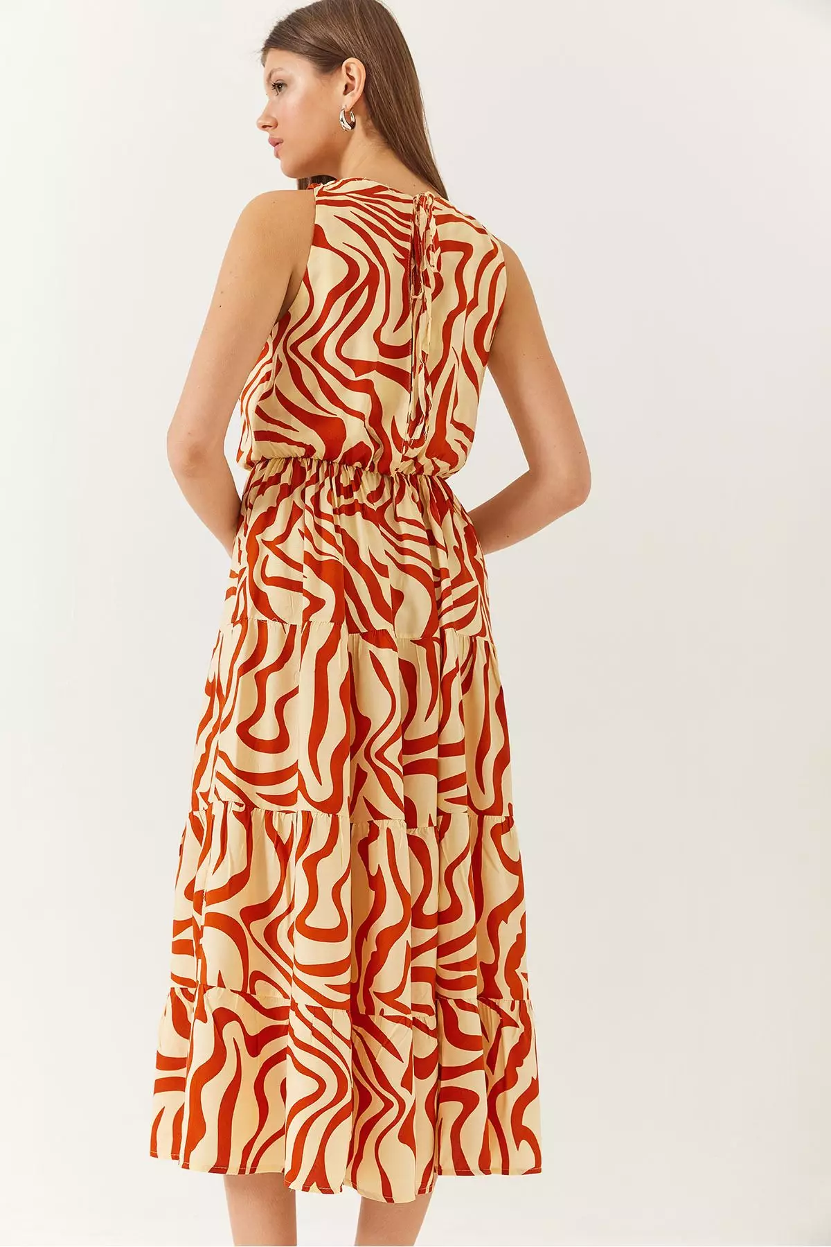 Women's Double Breasted Neckline Elastic Waist Back Rope Tie Print Dress 60261428