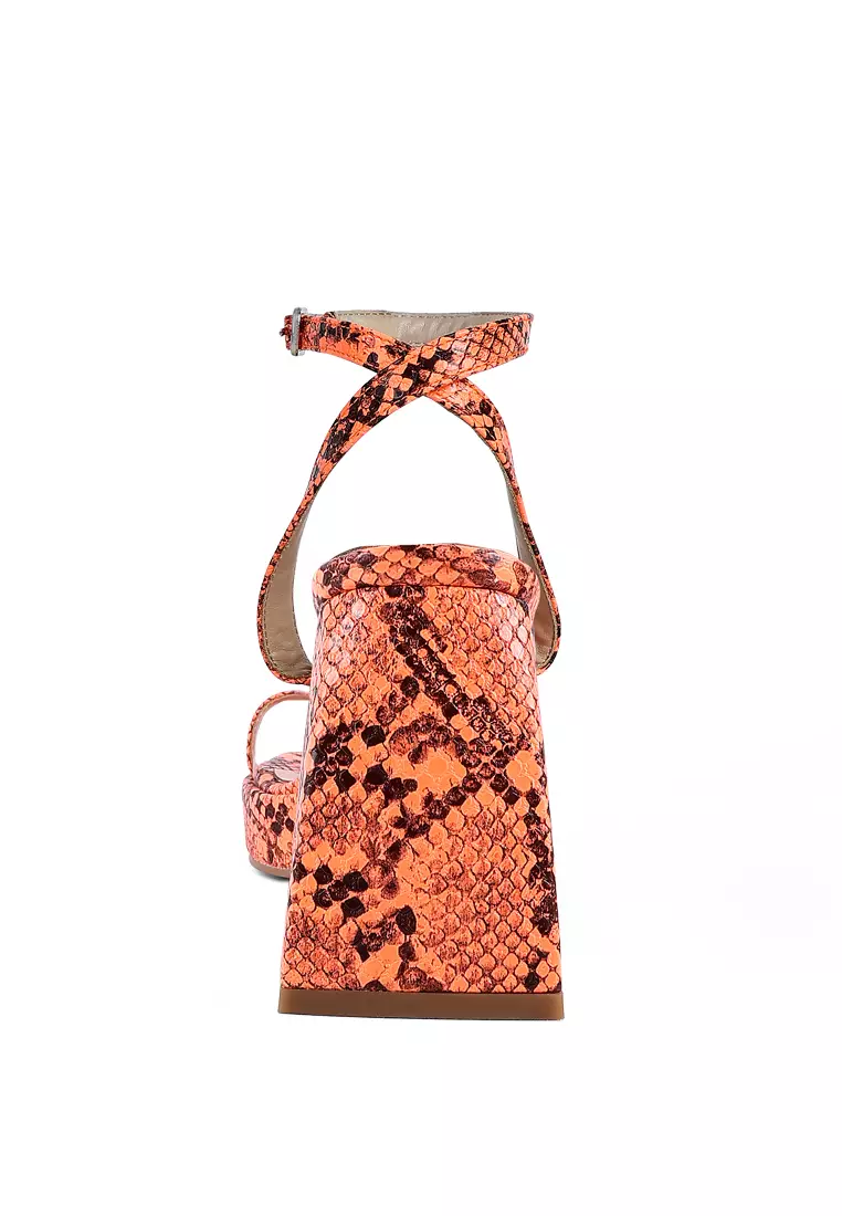 Orange Snake Pattern Block Heeled Sandals