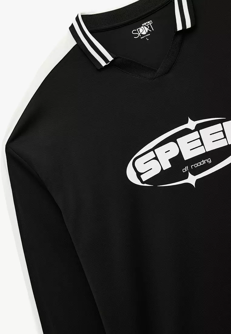 舒適剪裁長袖印花恤衫領運動T恤