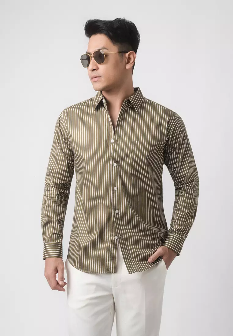 Hugo Stripe Shirt Dark Sage Green LS
