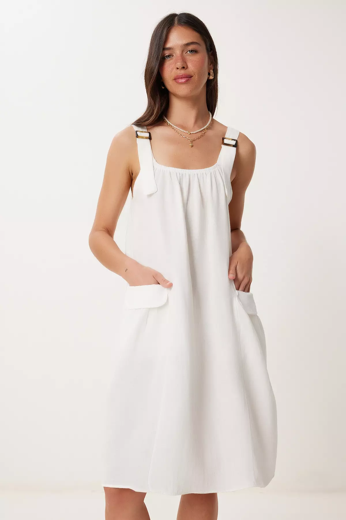 Women's Ecru Linen Blended Light See-Through Beach Dress Gx00009