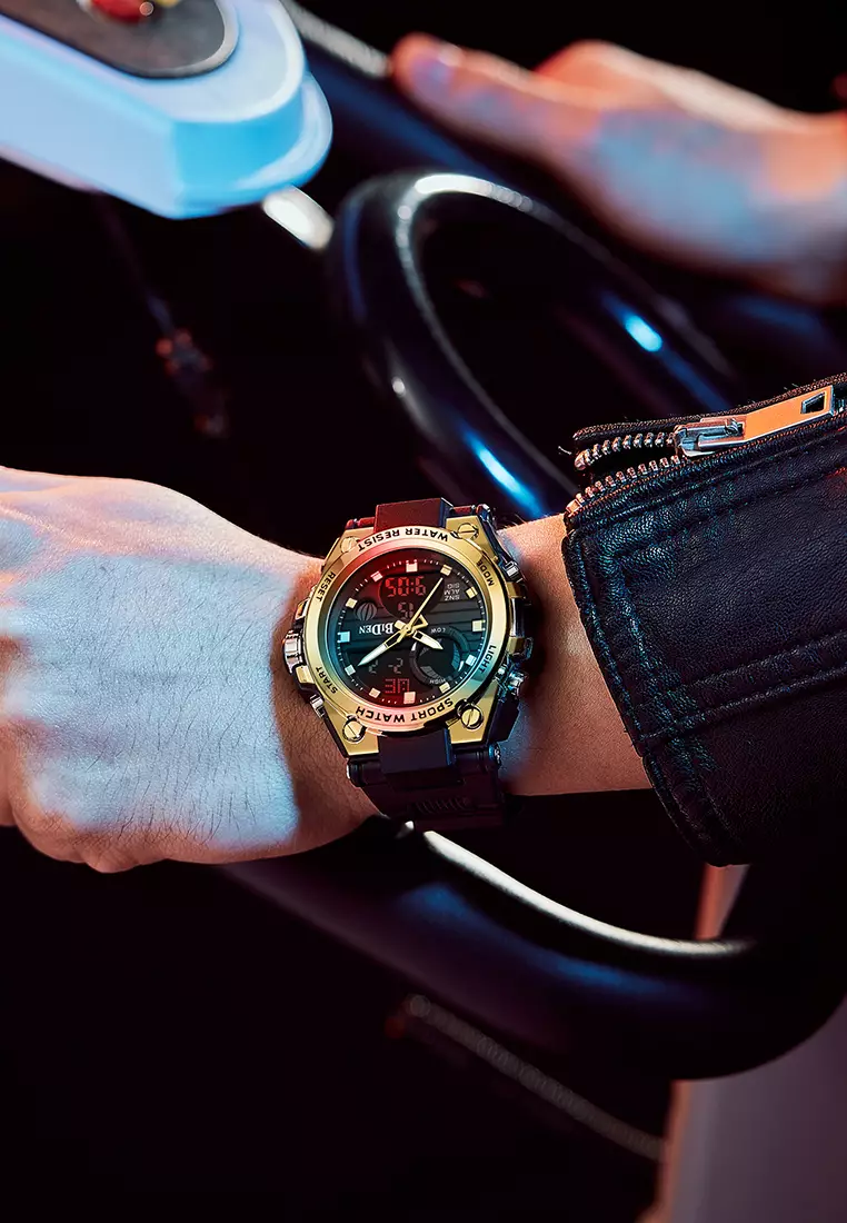 Jam Tangan Pria Digital&Analog Olahraga Militer Pria Tali Silikon Tahan Air Luminous Jam Tangan Cowok Original emas