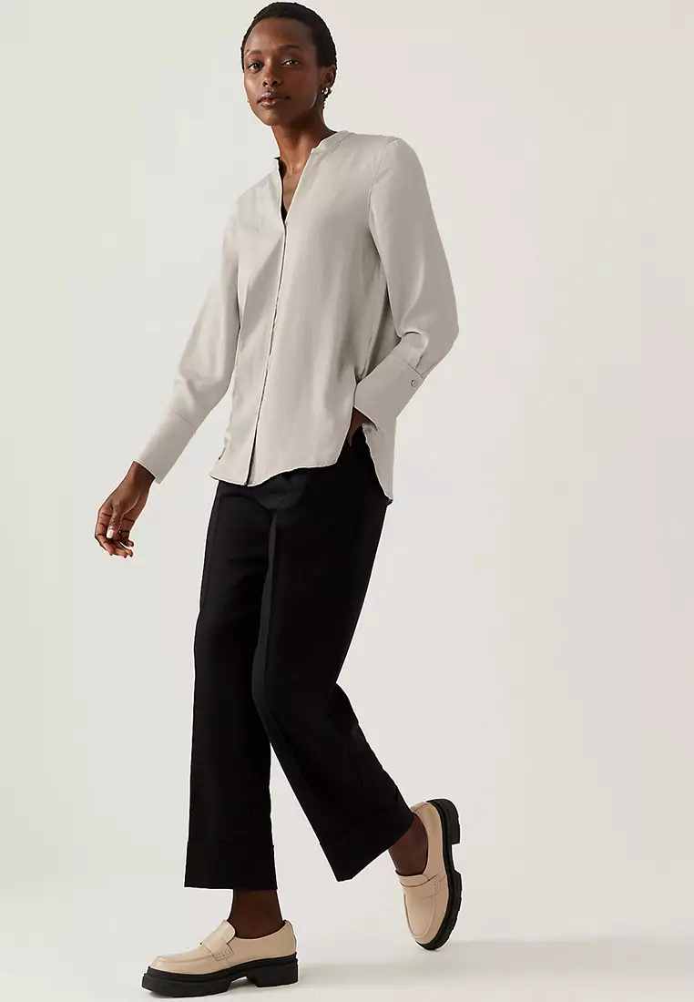 Satin V-Neck Long Sleeve Popover Blouse