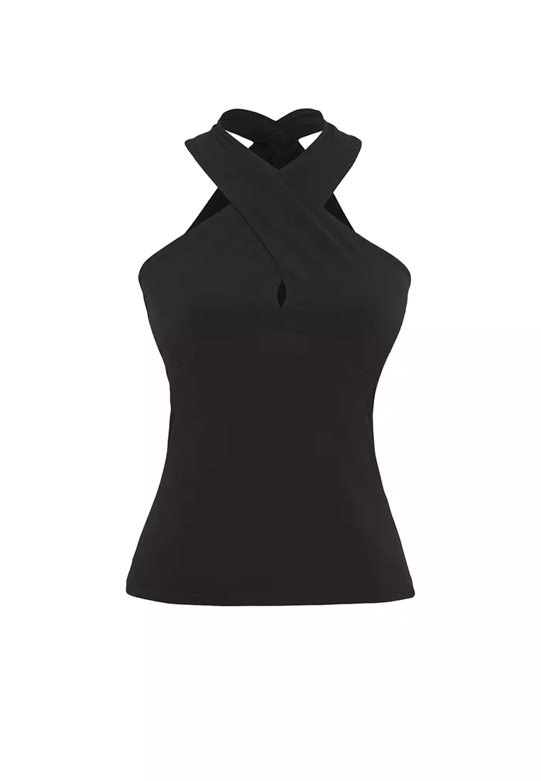 Black Halter Neck Fitted Knitted Blouse