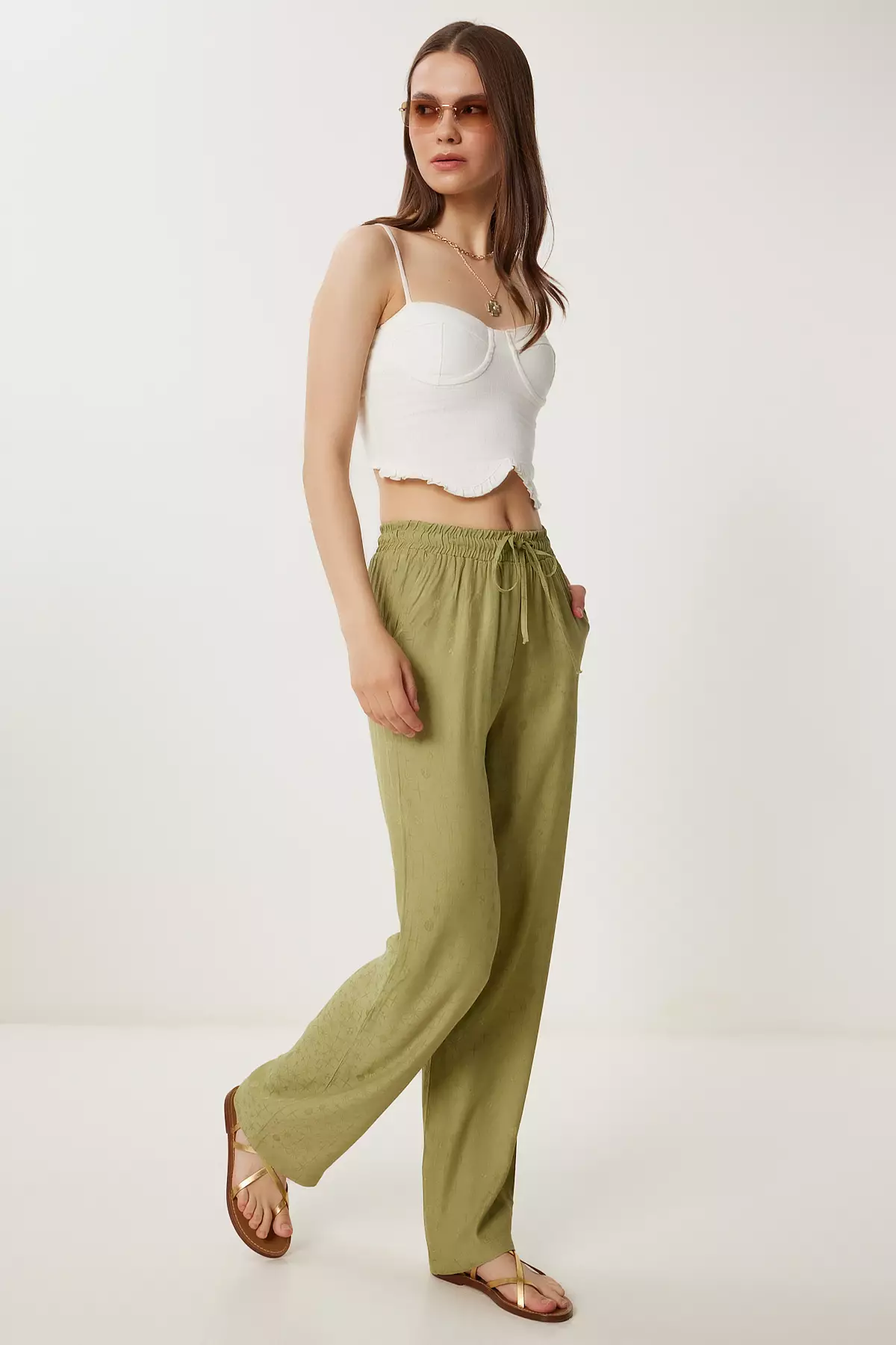Women's Khaki Patterned Summer Viscose Trousers Wf00110
