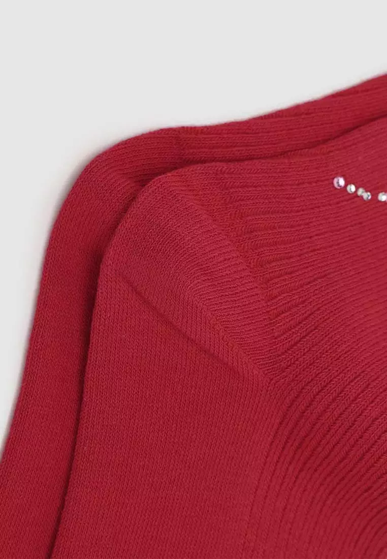 Ribbed Knit Rhinestone Bow Detail Cotton Blend Crew Socks