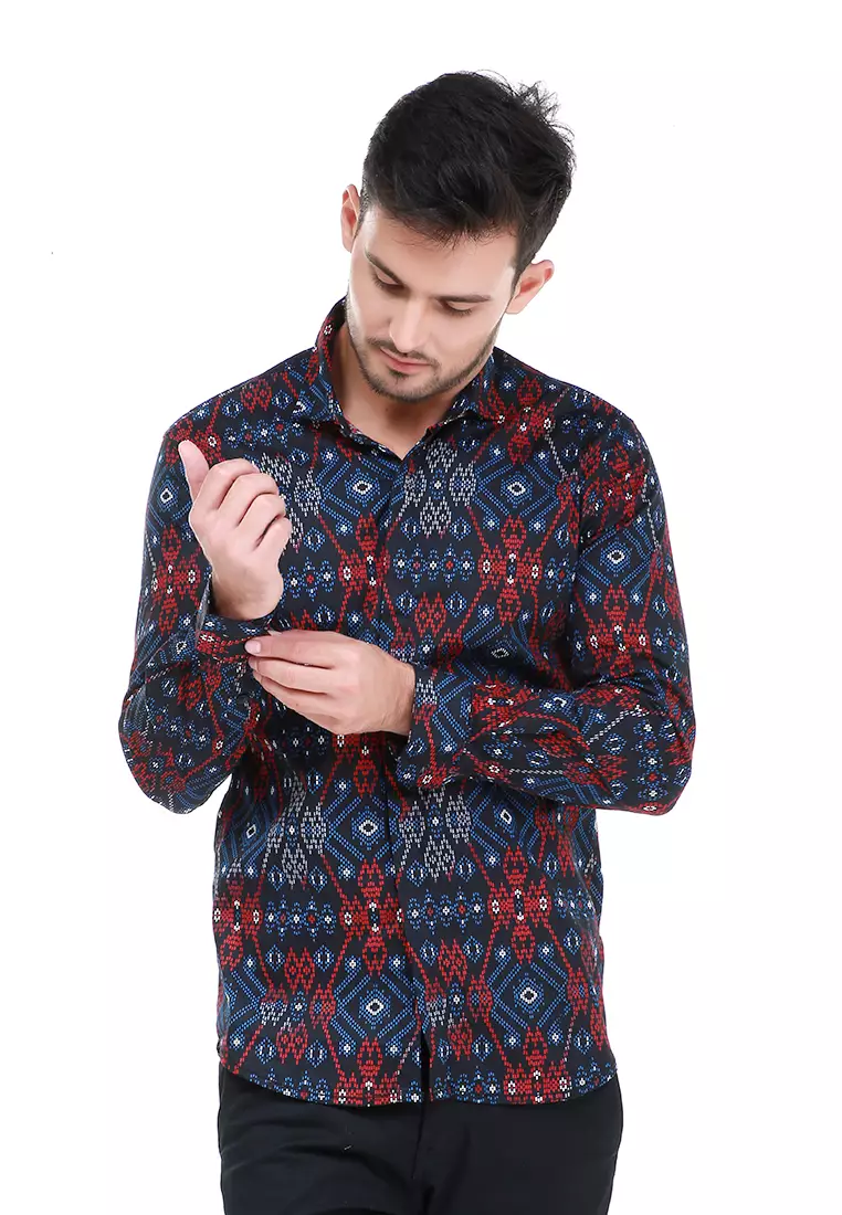 Dwan Kemeja Batik Pria Luxury Atasan Formal Longsleeve Shirt Material Cotton ORIGINAL - Red