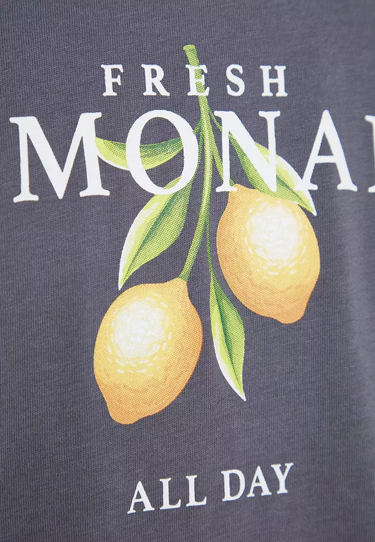 Anthracite Unisex Oversize/Wide Cut Crew Neck Short Sleeve Printed T-Shirt