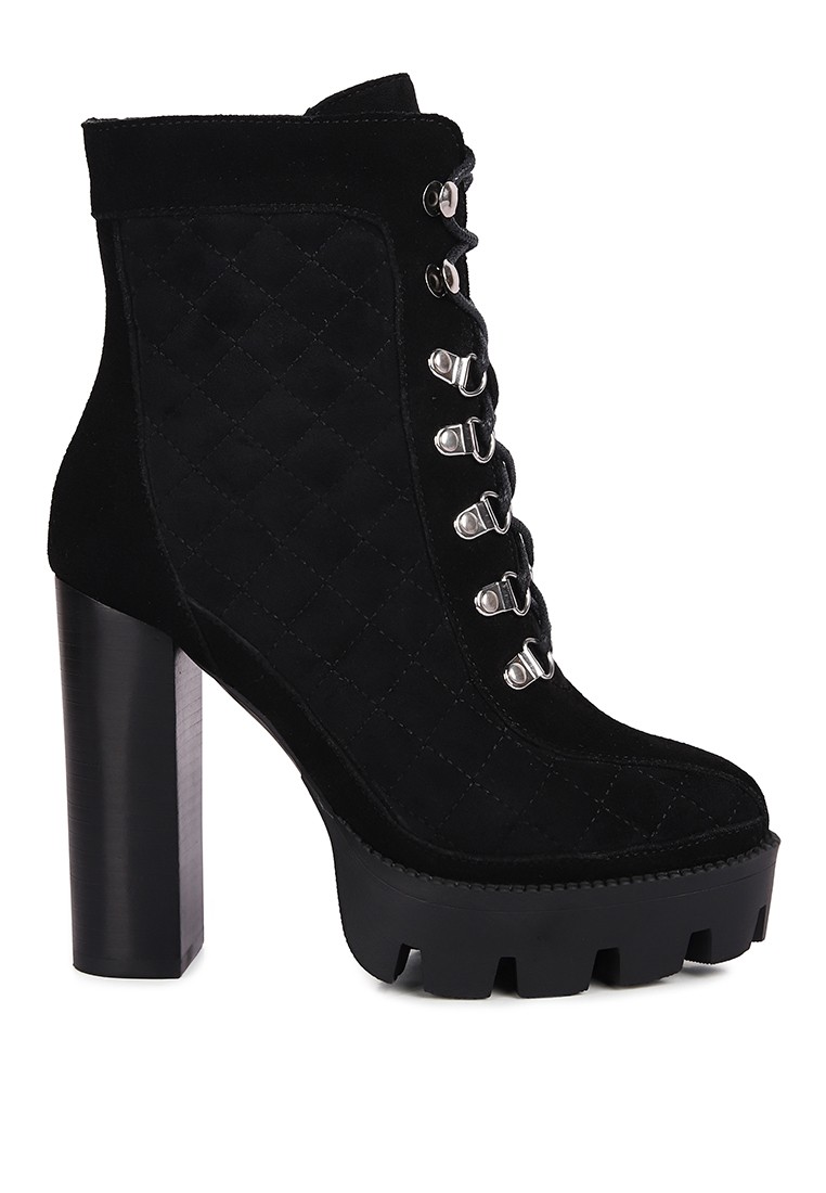 Black Fine Suede Quilted Ankle Boots