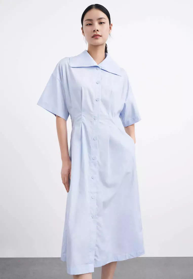 Shirred Waist Button Front Shirt Dress