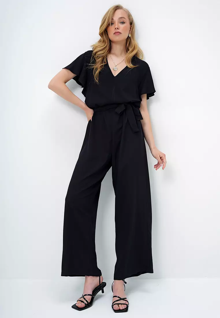 Buy Alacati Women's Black V-Neck Flared Sleeves Self Belted Woven