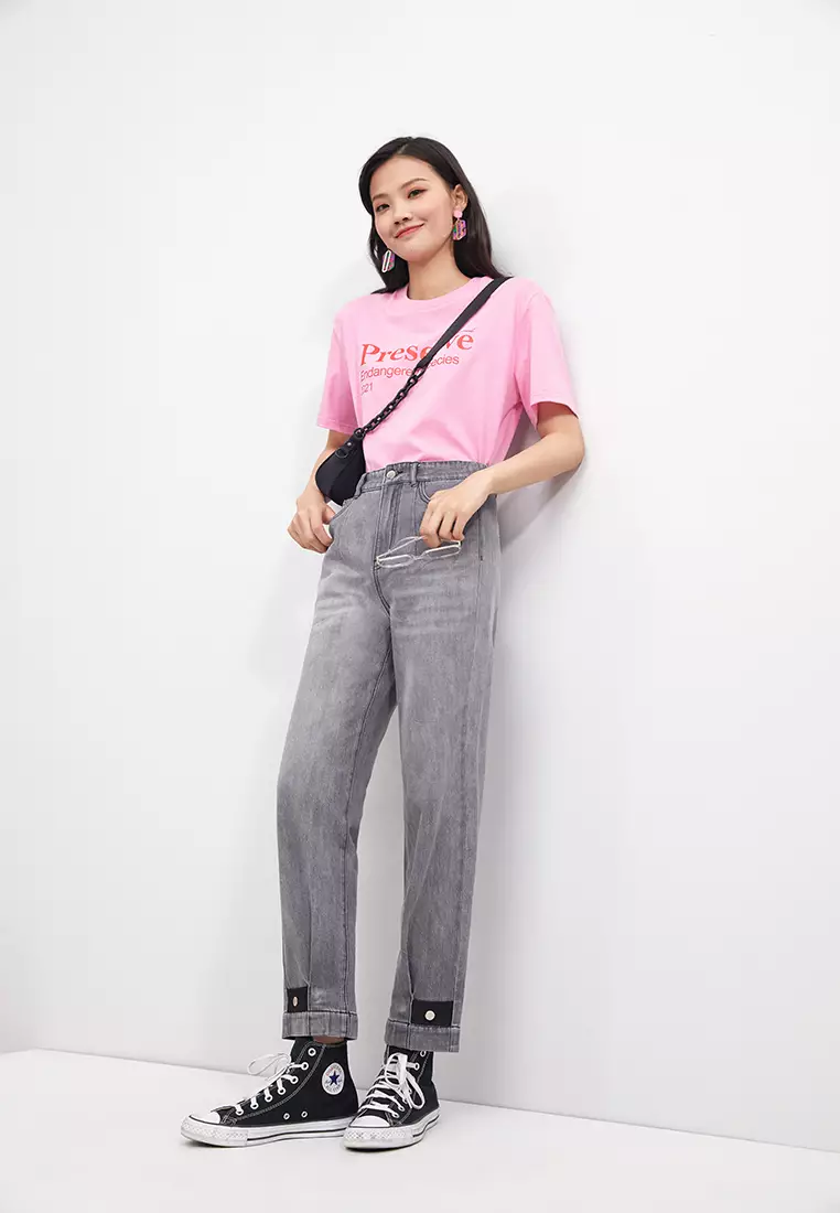 Button Zip Fly Washed Jeans