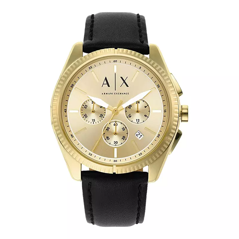 Jam Tangan Pria Armani Exchange Giacomo AX2861 Gold Dial Black Leather Strap