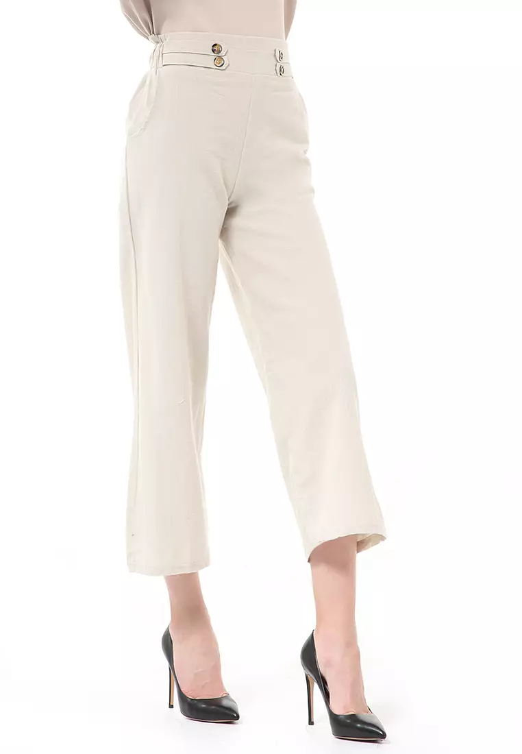 Stella Casual Long Pants Wanita Celana Kulot Highwaist Double Botton Material Linen ORIGINAL - Oat