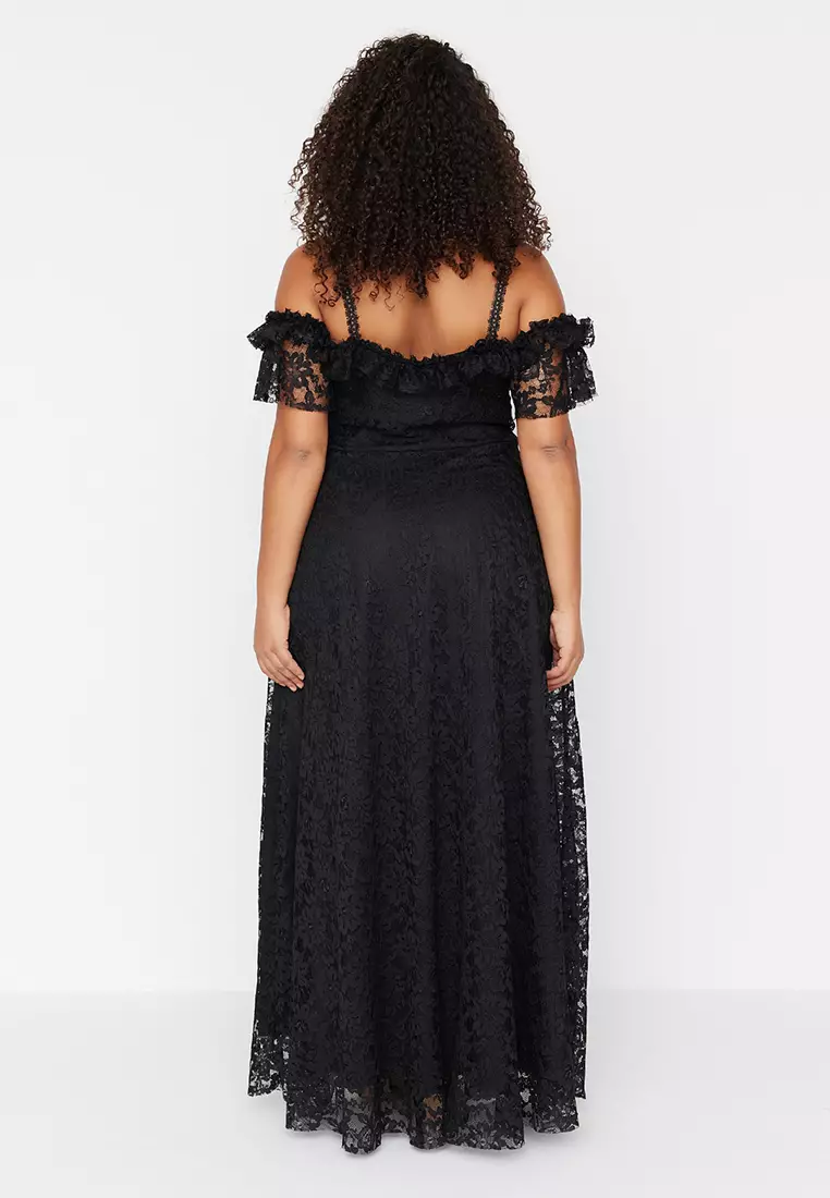 Black Strap A-Line/Flared Lace Long Evening Dress/Graduation/Engagement/Evening Dress