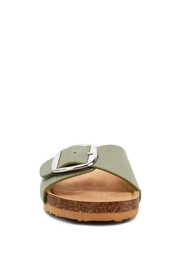 Green Buckle Strap Slip-On Sandals