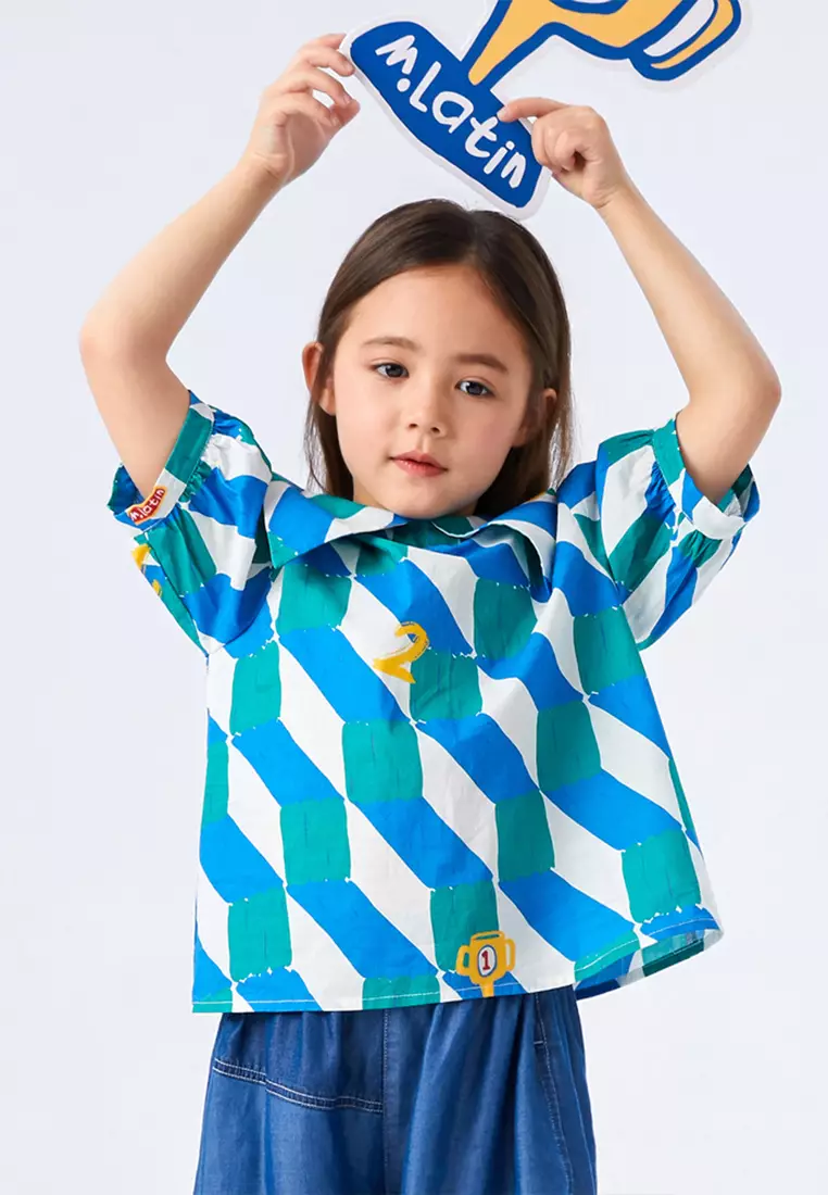 女大小童短袖衬衫复古印花大方领上衣