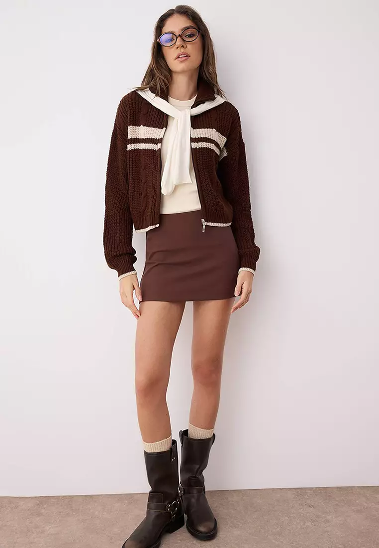 Brown Crop Block Stand Collar Knitwear Cardigan