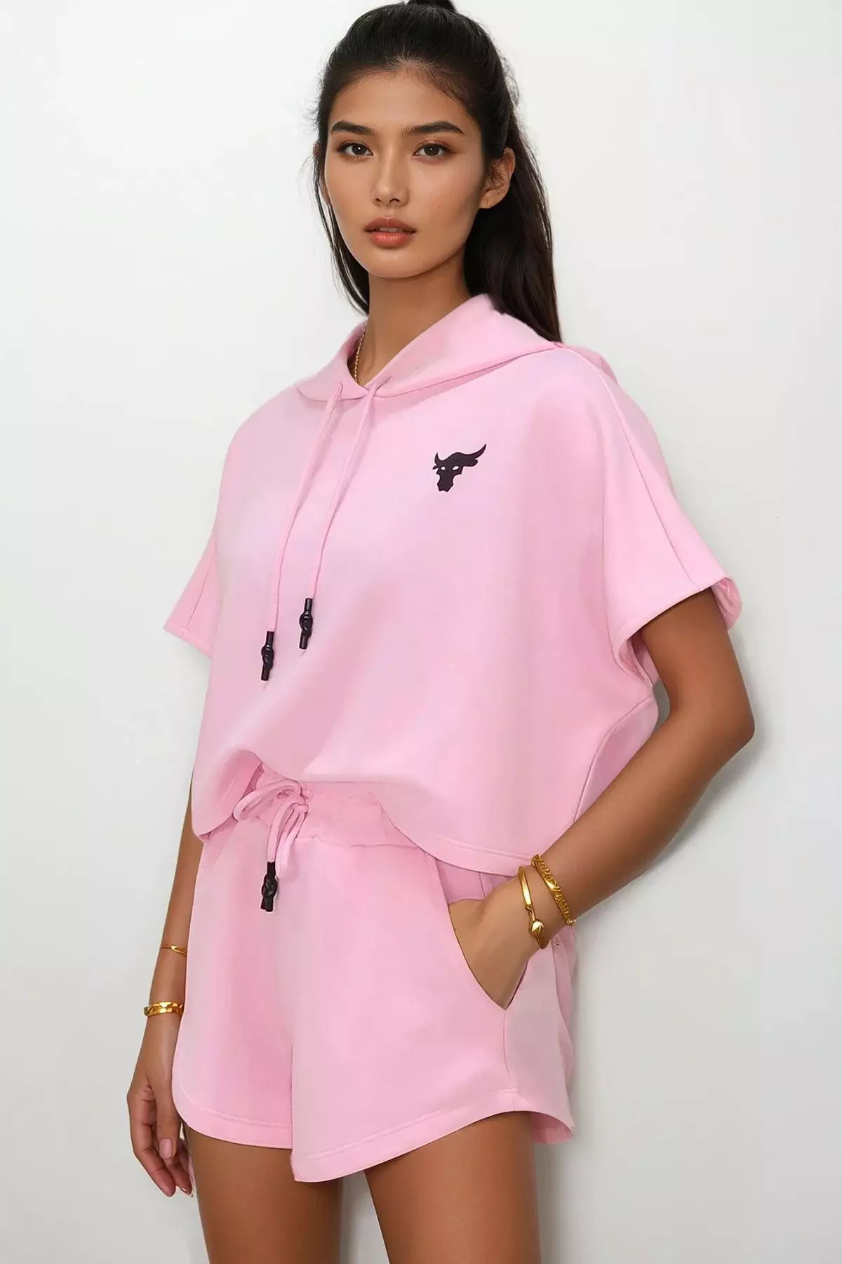 Women's Pink Hooded Crop Sweatshirt And Shorts Set Alc-760-001-Tk