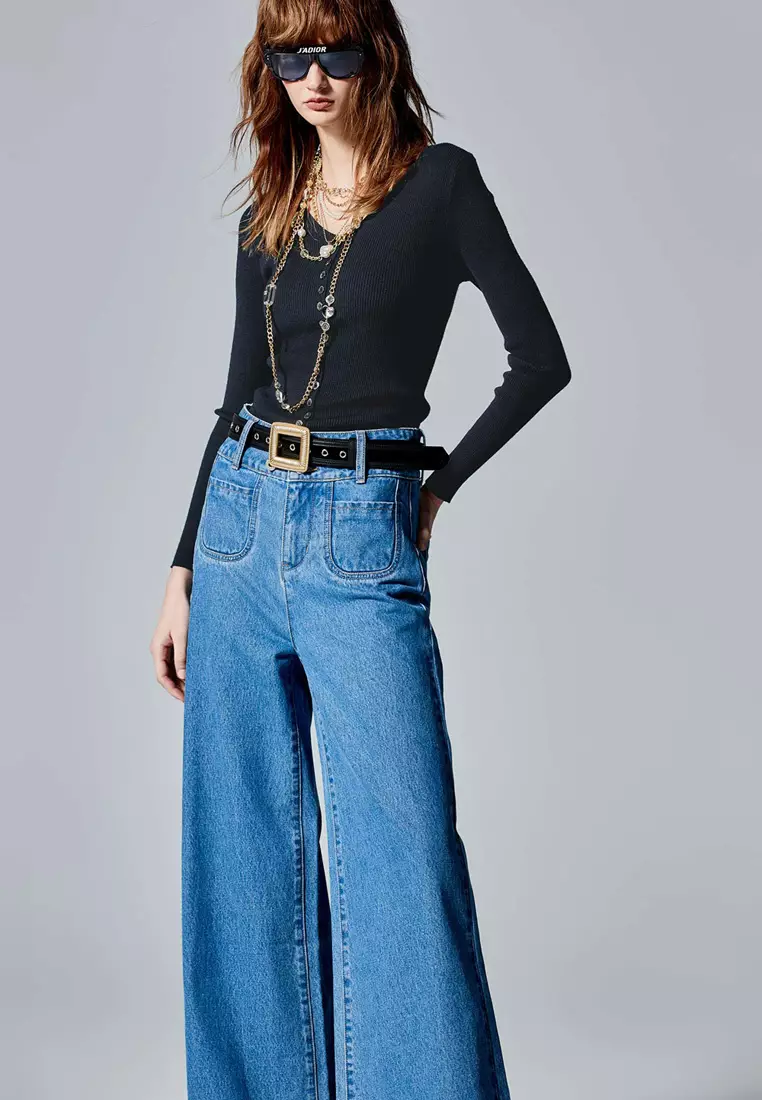 Navy V-Neck Long Sleeve Top