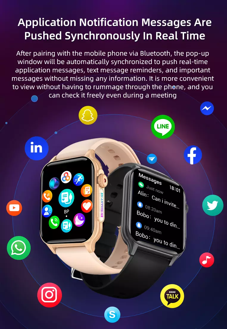 SmartWatch Layar1.96" Fungsi Alarm Denyut Jantung Jam Pintar FitnessTracker Bluetooth Musik pink dengan gelang gratis