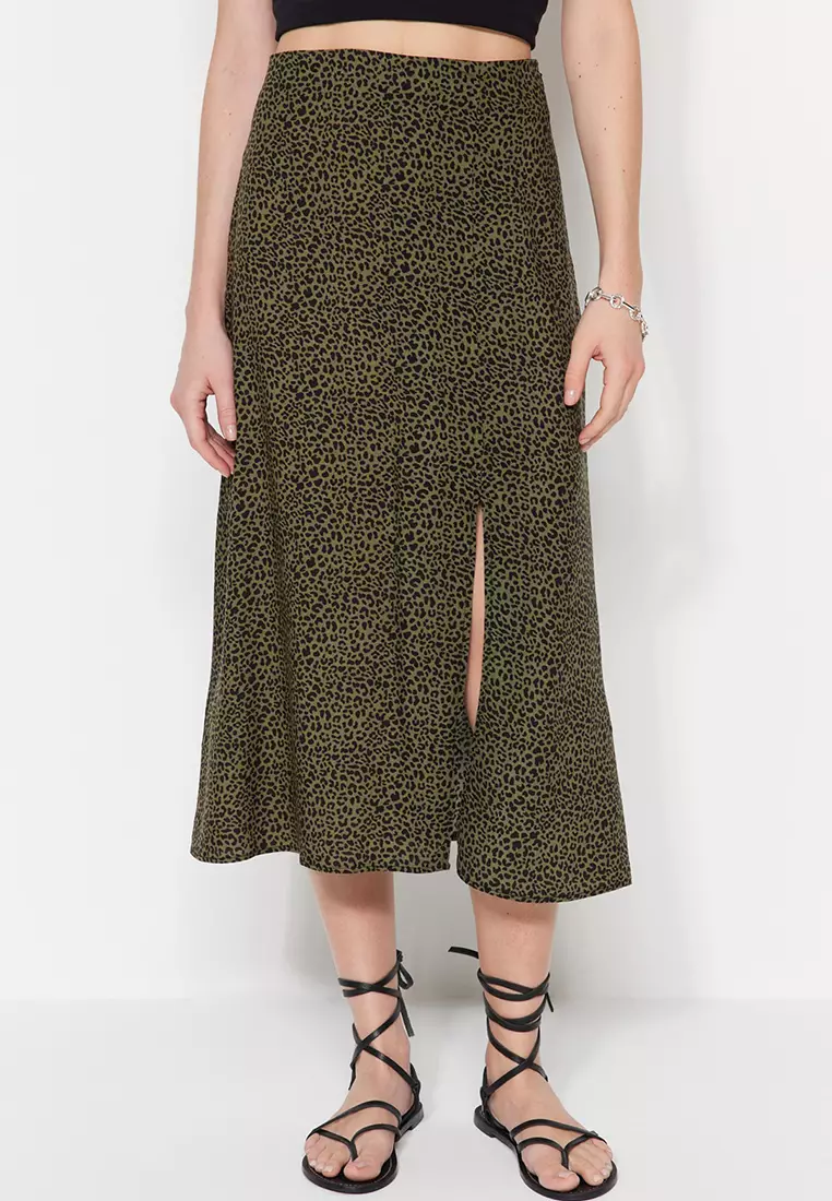 Khaki leopard midi skirt store