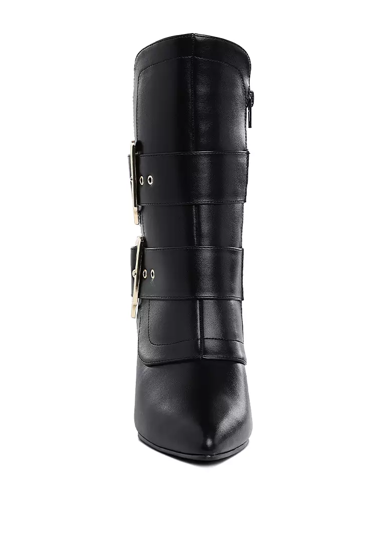 Chunky Buckle Strap Ankle Boots in Black