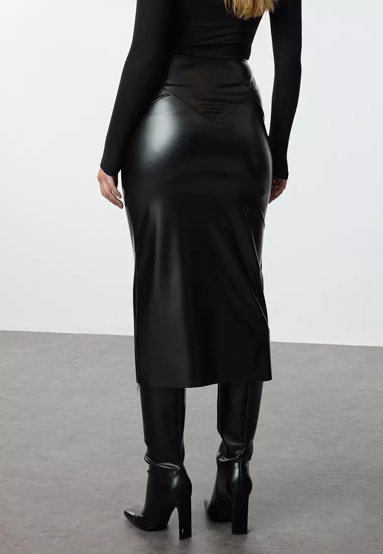 Black Zipper Detail Midi Faux Leather Skirt