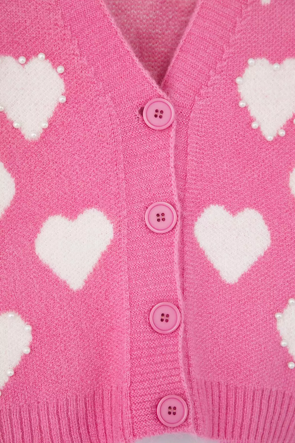Teen Pink Soft Textured Heart Patterned Pearl Detailed Knitwear Cardigan