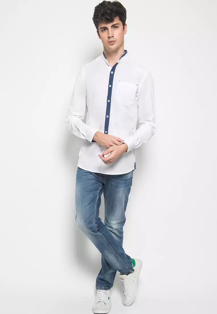 Johnwin - Slim Fit - Kemeja Casual Active - Polos - Kerah Shanghai - Putih