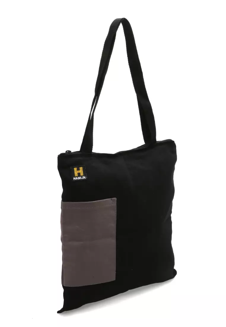 Hamilton Totebag Unisex Kombinasi Warna Large Compartment Material Canvas ORIGINAL - Black