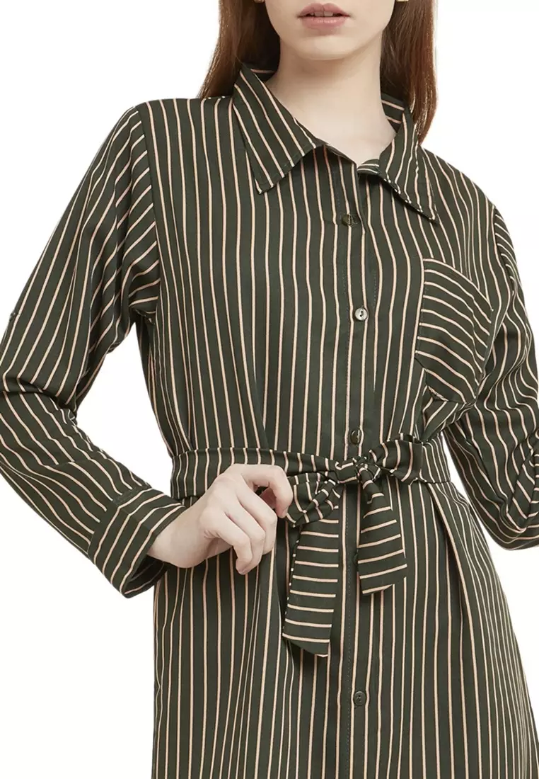 Tunik Salur Self Tie Belt Baju Wanita Lengan Panjang Garis Regular Fit - Green
