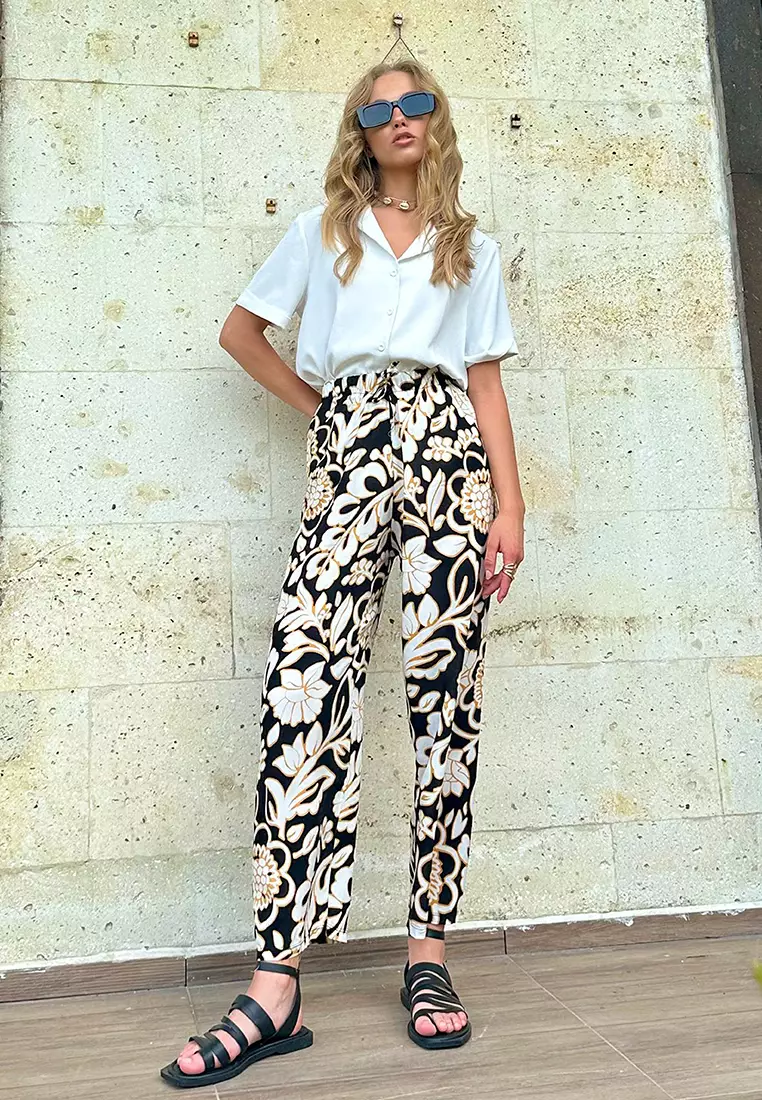 Women's Black Patterned Woven Viscose Trousers