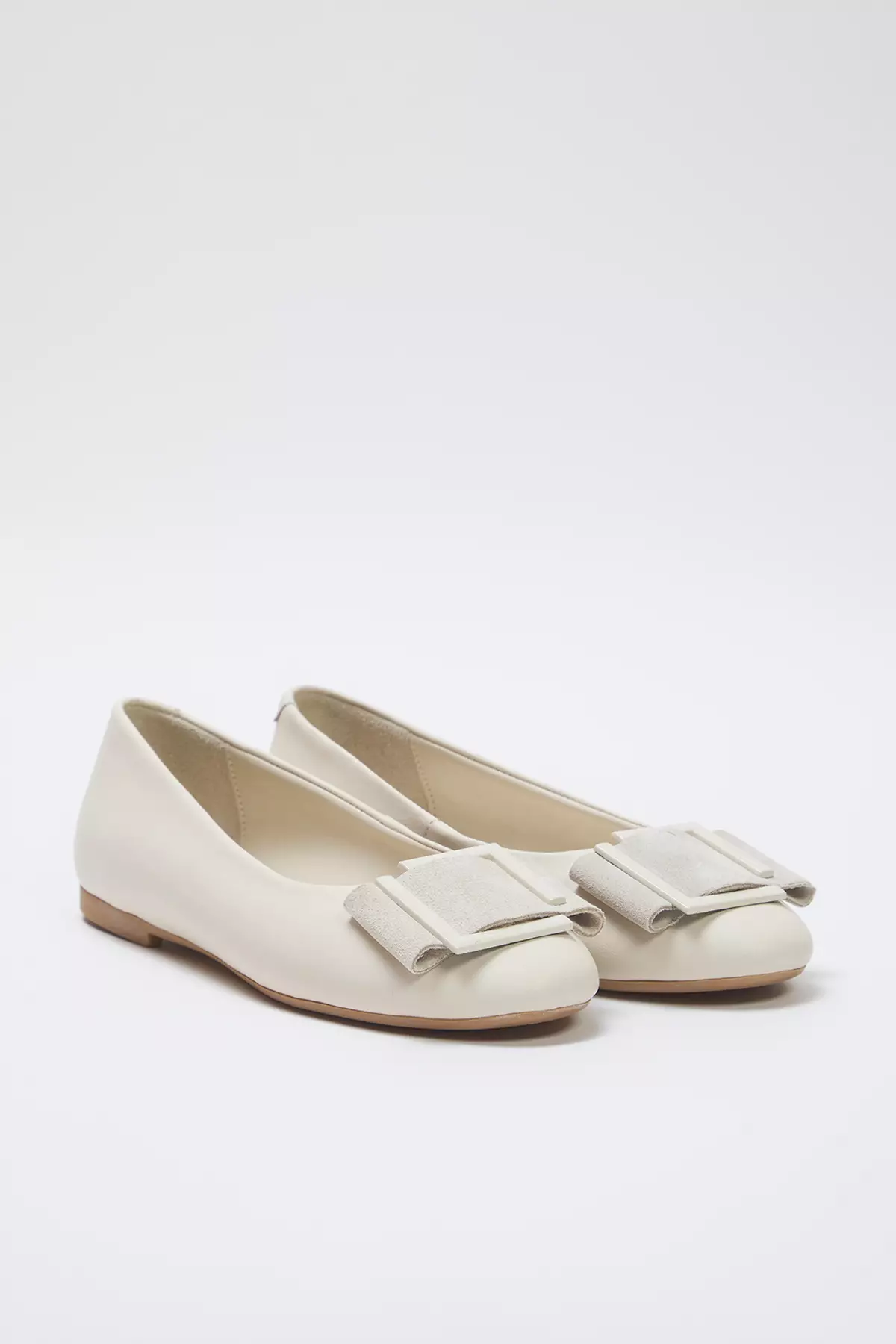 Beige Genuine Leather Buckle Detail Almond Toe Women's Ballerina Flats Takss25Be00032