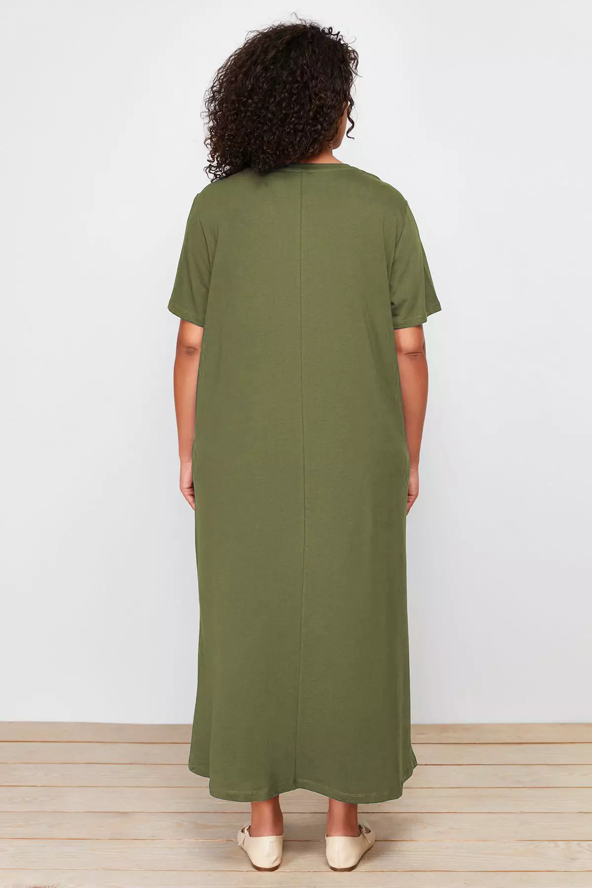 Khaki Midi 100% Cotton Knitted T-shirt Dress TBBSS24AH00067