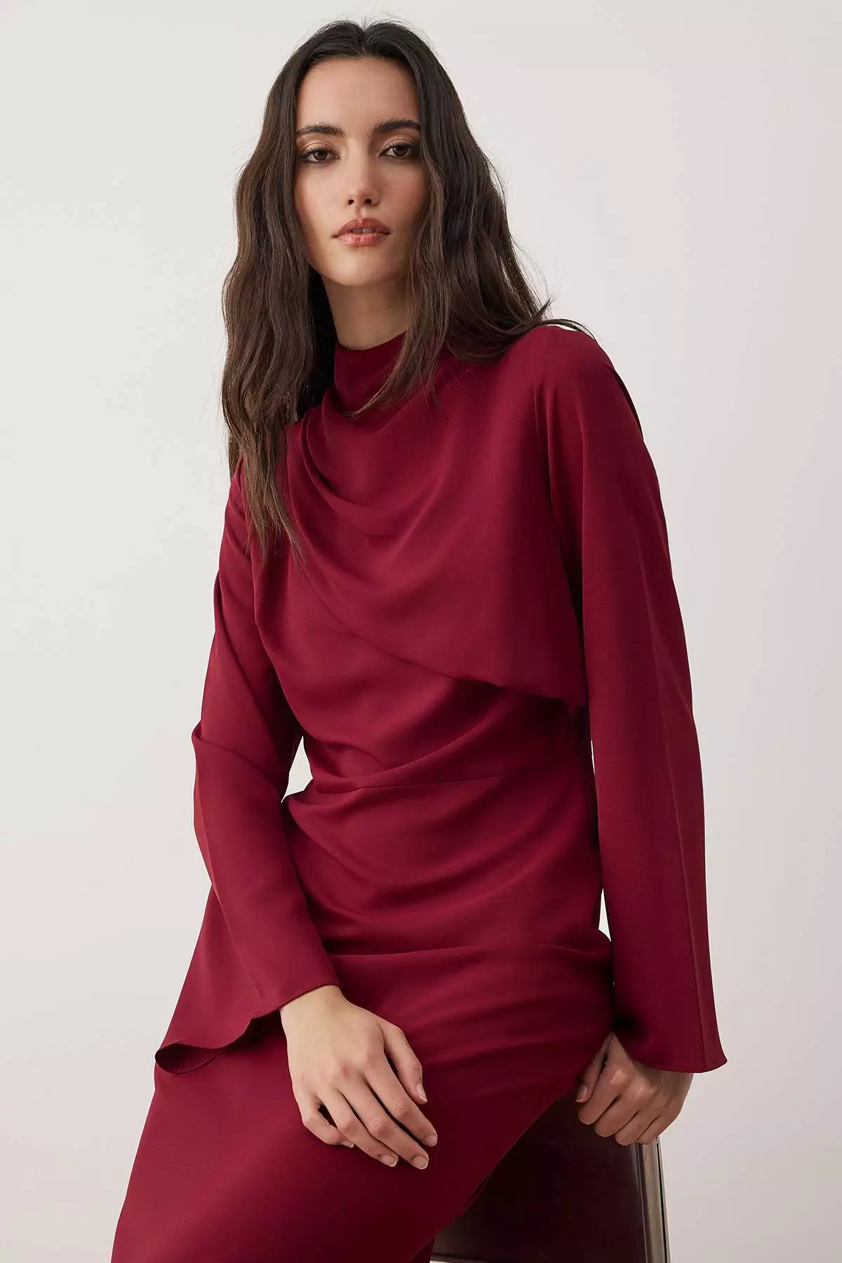 Burgundy Drape Detailed Woven Evening Dress Tctaw26Db00000