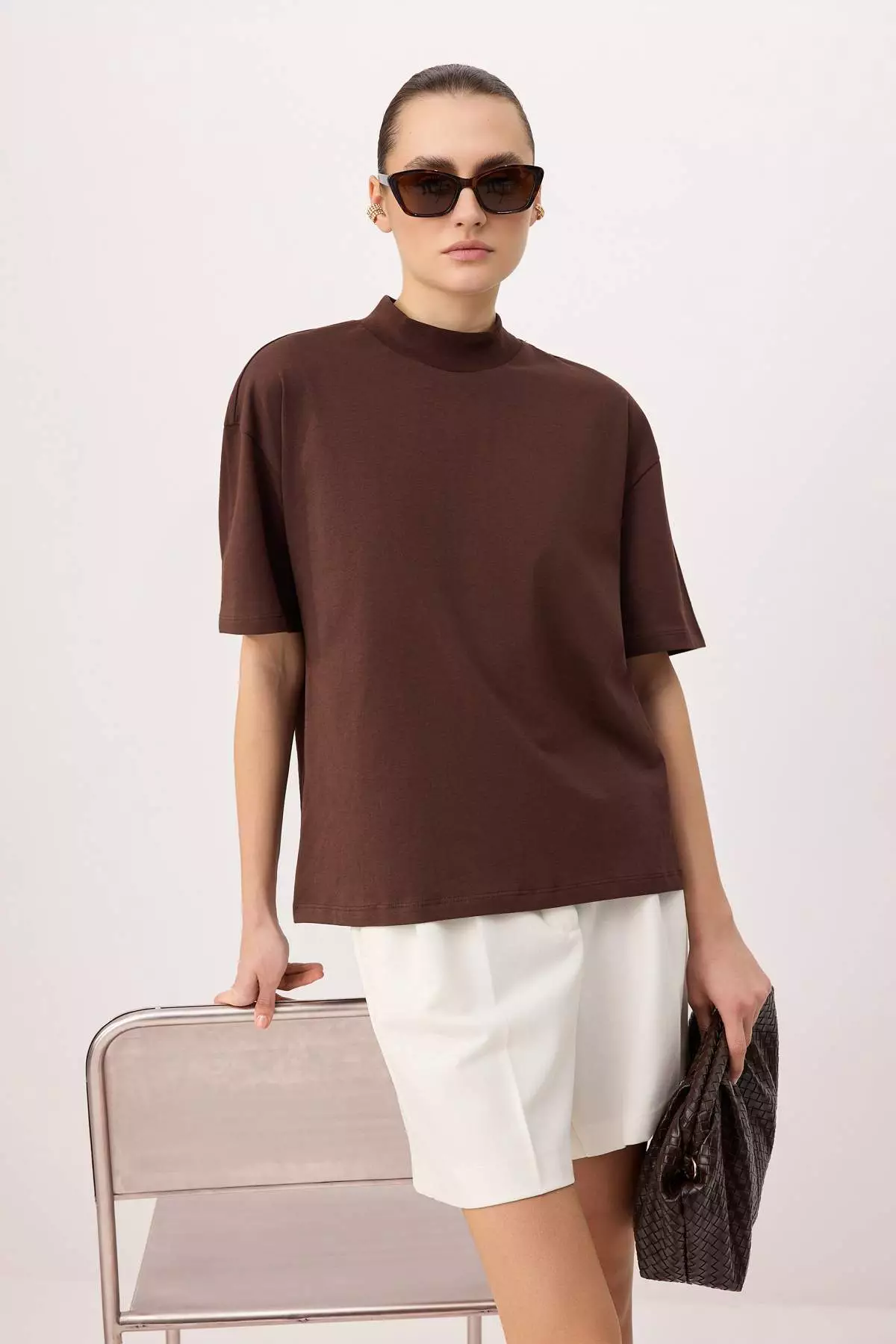 Brown 1% Thick Cotton Stand-Up Collar Three-Quarter Sleeve Knitted T-Shirt Twoss24Ts74