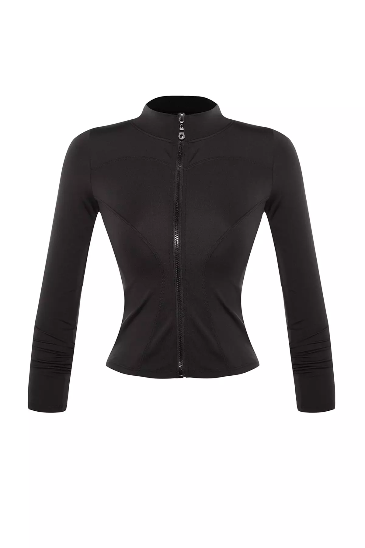 Black Body-Fitting Zip-Up Stand Collar Knitted Sports Jacket/Sweatshirt Twoaw23Bz592