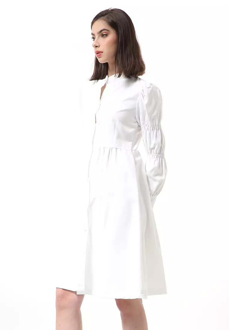 Rachel Dress Midi Kasual Wanita Full Kancing Lengan Bubble Material Cotton ORIGINAL - White